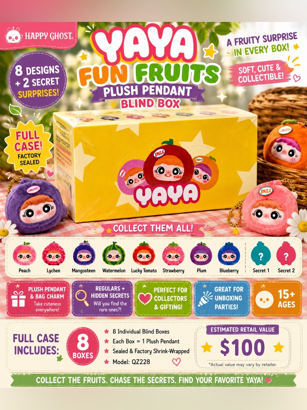 🍓 YAYA Fun Fruits Plush Pendant Blind Box FULL CASE 🍉✨ Sealed!